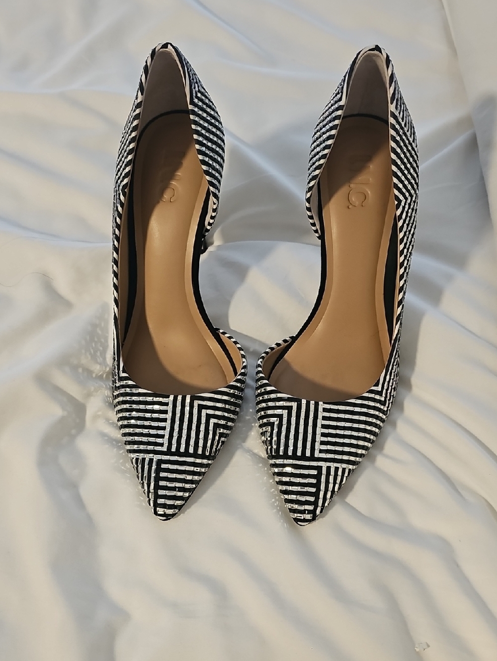 Pointed Toe Black and White Striped Women's Heels